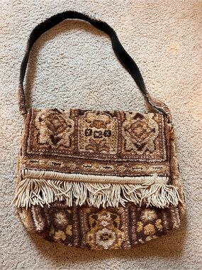 Vintage Brown Tapestry Shoulder Bag with Fringe
